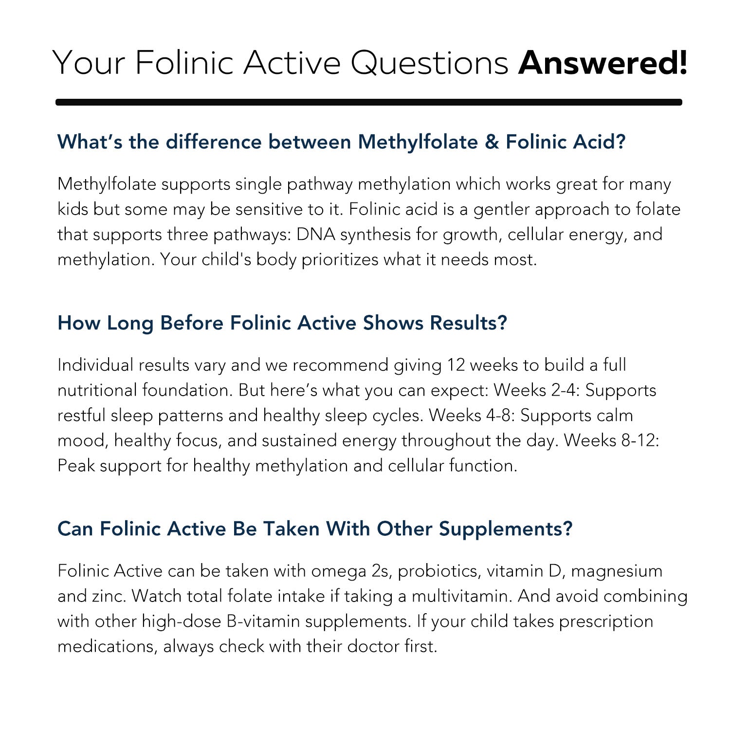 FolinicActive Kids FAQ section showing questions about methylfolate, results timeline, and supplement compatibility