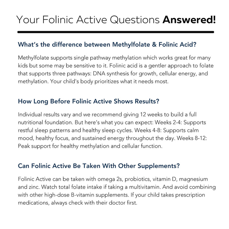 FolinicActive Kids FAQ section showing questions about methylfolate, results timeline, and supplement compatibility