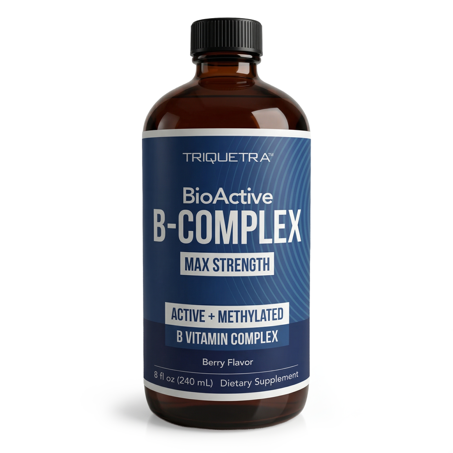 A  bottle of liquid supplement with a black cap. The blue label reads "Triquetra BioActive B-Complex Max Strength." It is described as a berry-flavored "Active + Methylated B Vitamin Complex" dietary supplement containing 8 fluid ounces (240 mL).