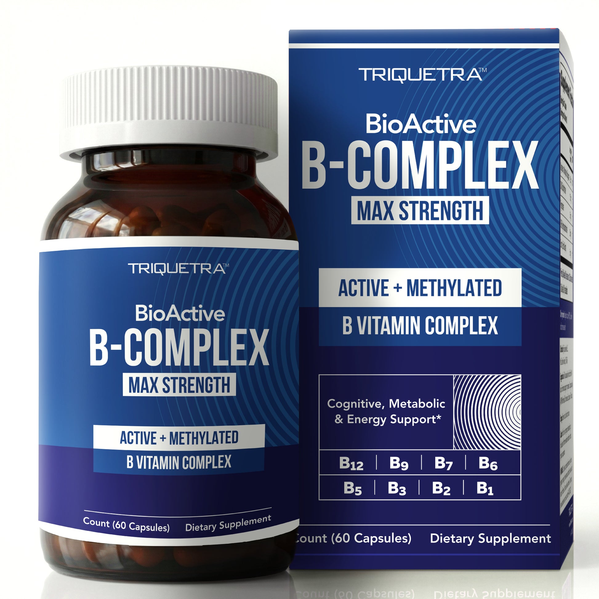 A supplement bottle with a white cap, standing next to its matching blue and white cardboard box. The label reads "Triquetra BioActive B-Complex Max Strength." Subtext indicates it is an "Active + Methylated B Vitamin Complex" dietary supplement containing 60 capsules. The box also highlights "Cognitive, Metabolic & Energy Support" and lists vitamins B12, B9, B7, B6, B5, B3, B2, and B1.