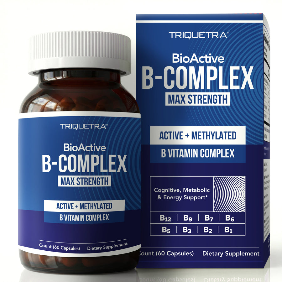 A supplement bottle with a white cap, standing next to its matching blue and white cardboard box. The label reads "Triquetra BioActive B-Complex Max Strength." Subtext indicates it is an "Active + Methylated B Vitamin Complex" dietary supplement containing 60 capsules. The box also highlights "Cognitive, Metabolic & Energy Support" and lists vitamins B12, B9, B7, B6, B5, B3, B2, and B1.