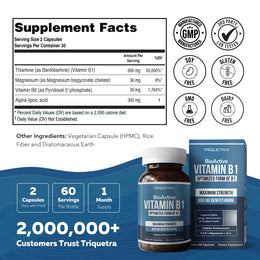 BioActive Vitamin B1 supplement facts panel showing 600mg benfotiamine per one-capsule serving, 60 servings