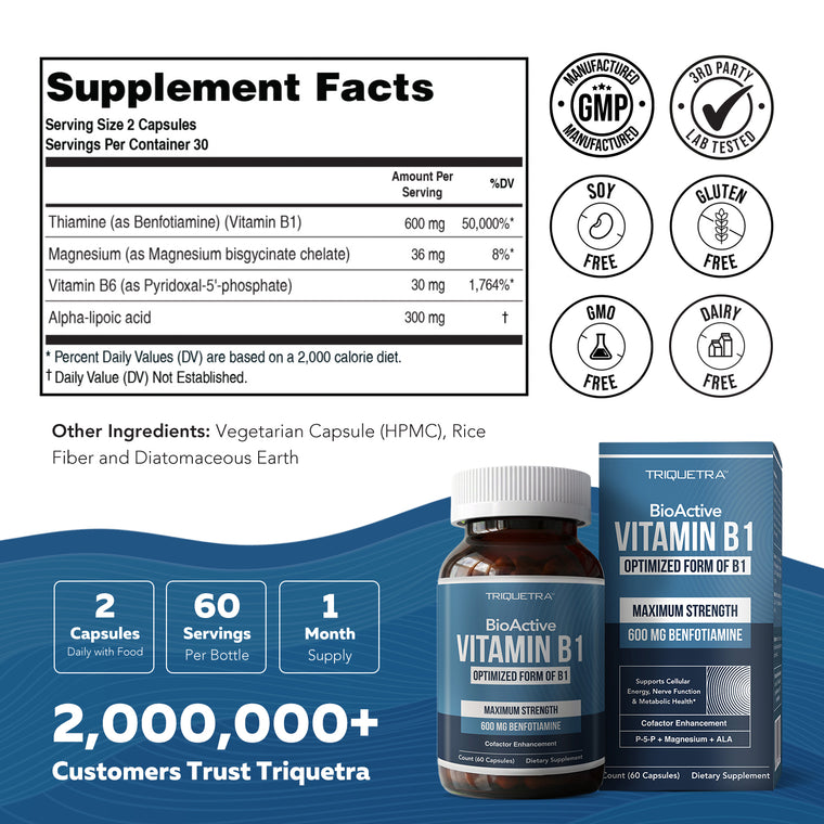 BioActive Vitamin B1 supplement facts panel showing 600mg benfotiamine per one-capsule serving, 60 servings