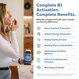 Woman taking BioActive B1 beside complete benefits for nerve comfort, cellular energy, and mental clarity