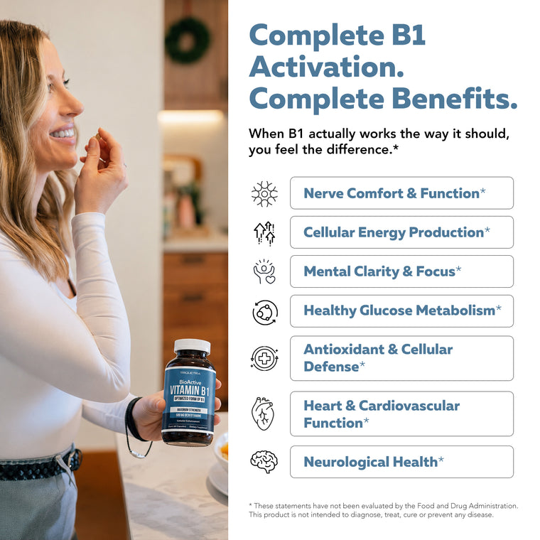 Woman taking BioActive B1 beside complete benefits for nerve comfort, cellular energy, and mental clarity