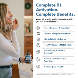 Woman taking BioActive B1 beside complete benefits for nerve comfort, cellular energy, and mental clarity
