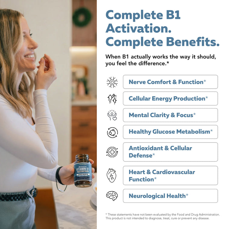 Woman taking BioActive B1 beside complete benefits for nerve comfort, cellular energy, and mental clarity
