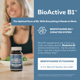 Woman holding BioActive B1 bottle beside text detailing its optimal cofactor system and 5 to 11 times greater cell absorption