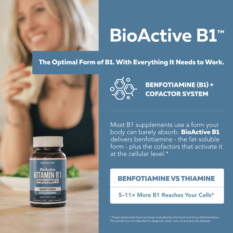 Woman holding BioActive B1 bottle beside text detailing its optimal cofactor system and 5 to 11 times greater cell absorption