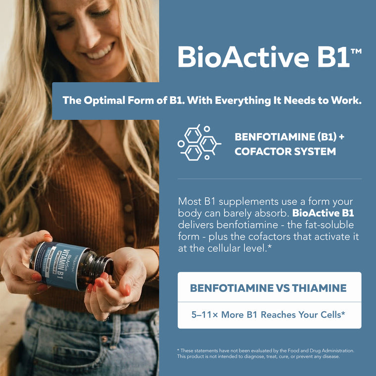 Woman holding BioActive B1 bottle beside text detailing its optimal cofactor system and 5 to 11 times greater cell absorption