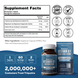 BioActive Vitamin B1 supplement facts panel showing 150mg benfotiamine per one-capsule serving, 60 servings