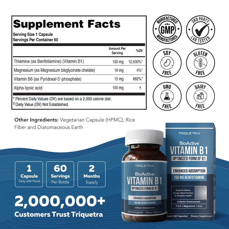 BioActive Vitamin B1 supplement facts panel showing 150mg benfotiamine per one-capsule serving, 60 servings