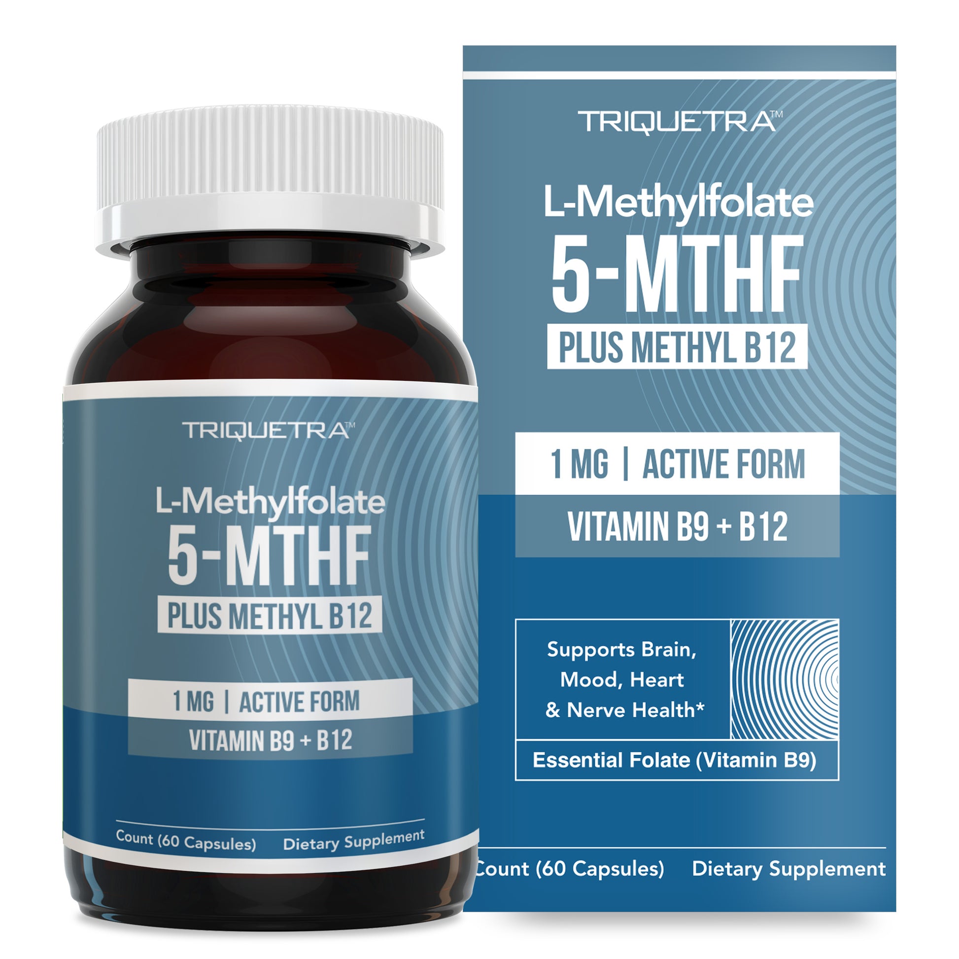 Triquetra L-Methylfolate 1 mg capsules with 5-MTHF active folate and methyl B12 for methylation, brain, mood, heart and nerve support