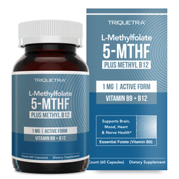 Triquetra L-Methylfolate 1 mg capsules with 5-MTHF active folate and methyl B12 for methylation, brain, mood, heart and nerve support