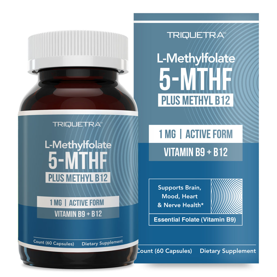 Triquetra L-Methylfolate 1 mg capsules with 5-MTHF active folate and methyl B12 for methylation, brain, mood, heart and nerve support