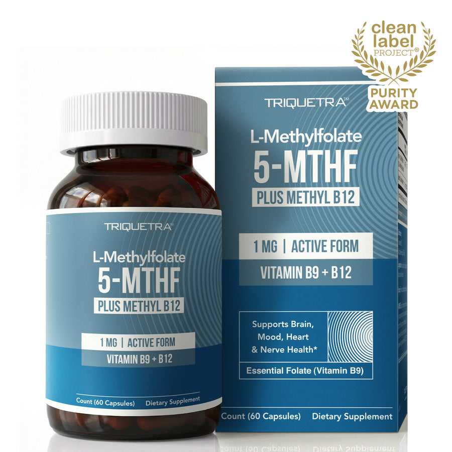 Triquetra L-Methylfolate 1 mg capsules with 5-MTHF active folate and methyl B12 for methylation, brain, mood, heart and nerve support