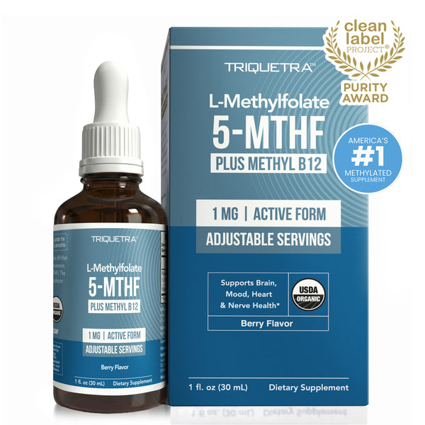 Triquetra L-Methylfolate 1 mg liquid drops with 5-MTHF active folate and methyl B12 for methylation, brain, mood, heart and nerve support