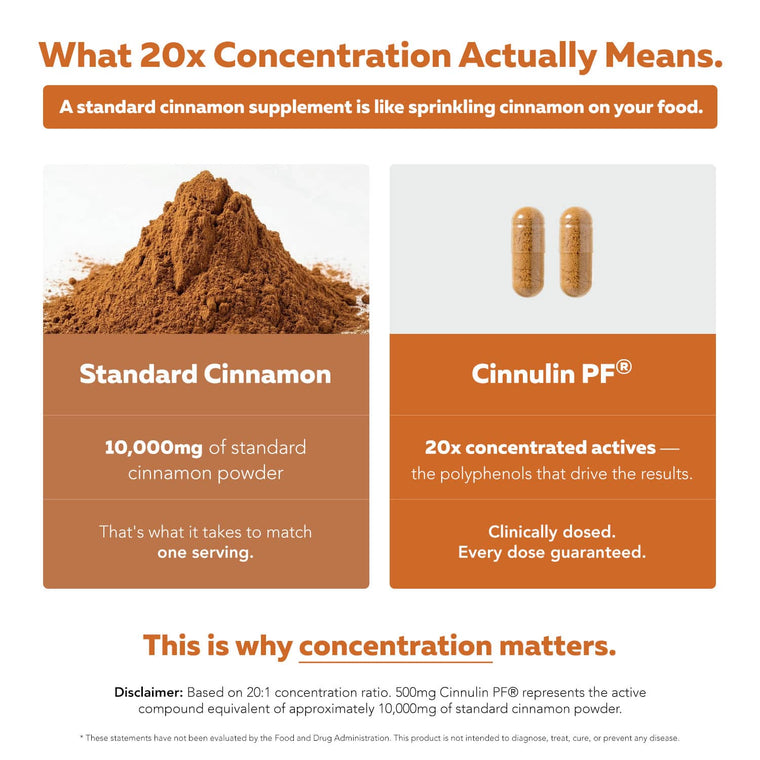 SoActive Cinnamon chart comparing 10,000mg standard cinnamon powder to two 20x concentrated Cinnulin PF capsules