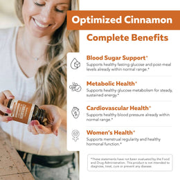 Woman holding SoActive Cinnamon capsules beside complete benefits for blood sugar and metabolic support