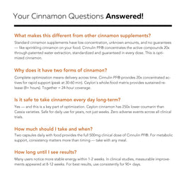 SoActive Cinnamon FAQ graphic answering common questions about concentration, safety, dosage, and results