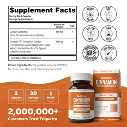 SoActive Cinnamon supplement facts panel showing 500mg Cinnulin PF and 500mg Ceylon Cinnamon per serving
