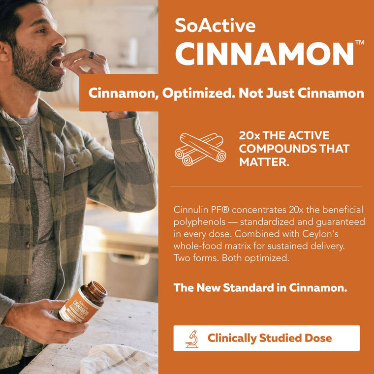 Man taking SoActive Cinnamon capsule in kitchen — the new standard in cinnamon for metabolic support