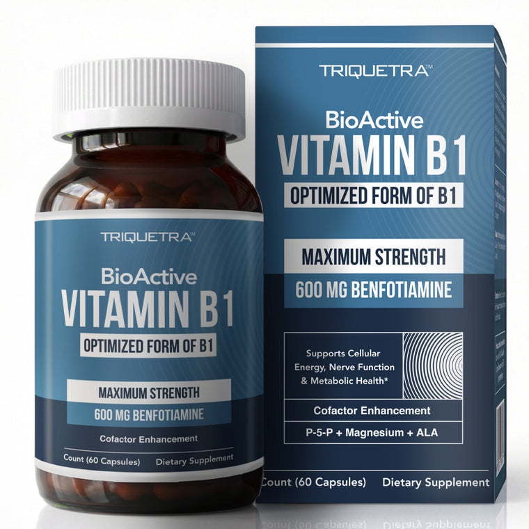 Triquetra BioActive Vitamin B1 600mg benfotiamine supplement bottle and box, 60 capsules, complete activation system