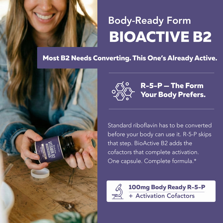 Smiling woman holding BioActive B2 bottle; graphic comparing body-ready R5P to standard riboflavin.