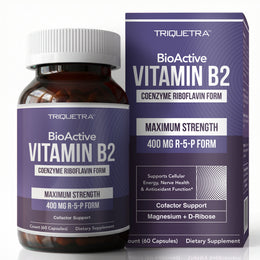 Triquetra BioActive Vitamin B2 supplement box and bottle — Activated B2 + Absorption Cofactors, 400mg body-ready R5P
