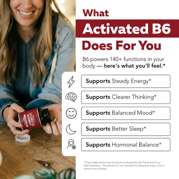 Woman holding BioActive Vitamin B6 bottle with infographic listing activated B6 functions including energy, cognition, mood, sleep, and hormones