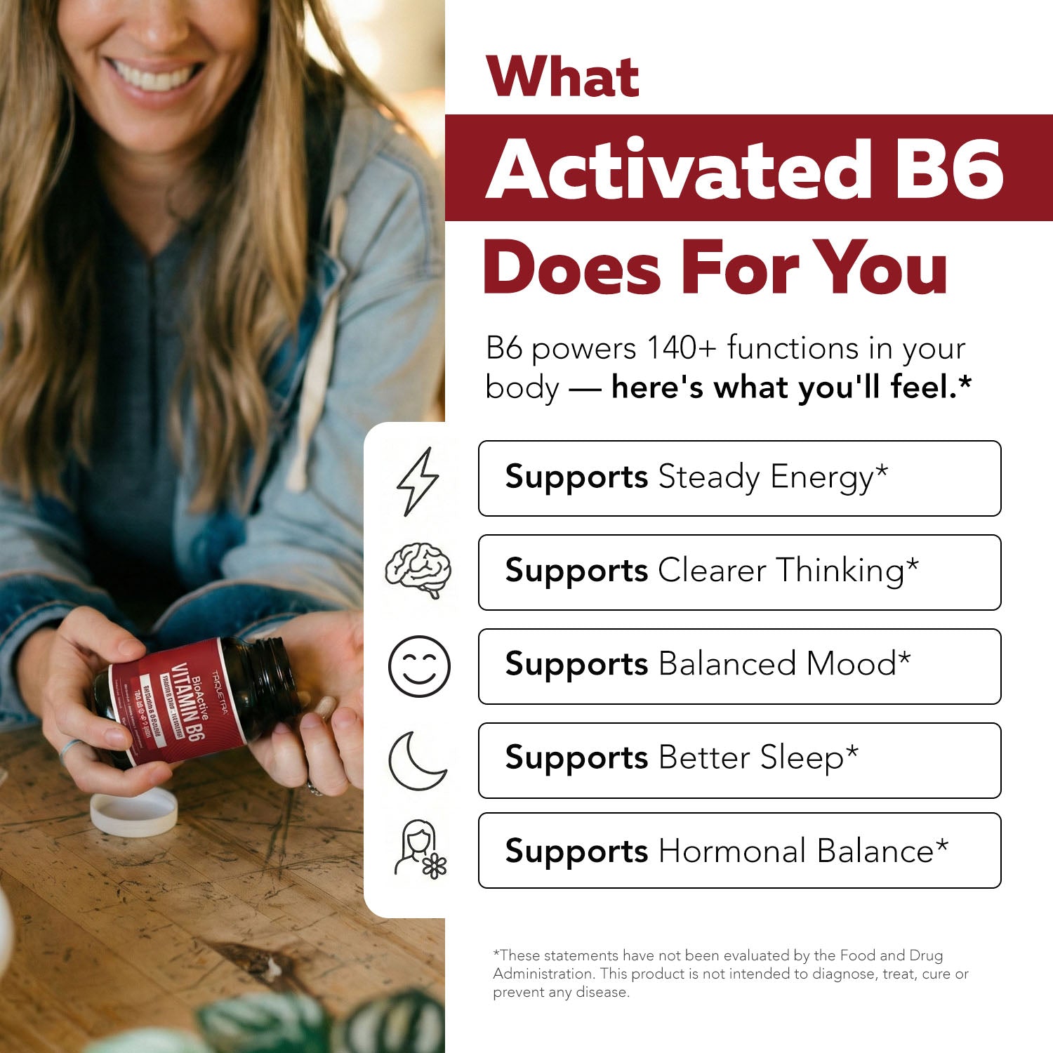 Woman holding BioActive Vitamin B6 bottle with infographic listing activated B6 functions including energy, cognition, mood, sleep, and hormones
