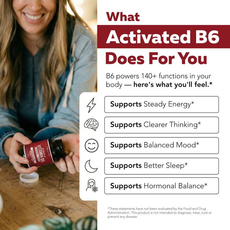 Woman holding BioActive Vitamin B6 bottle with infographic listing activated B6 functions including energy, cognition, mood, sleep, and hormones