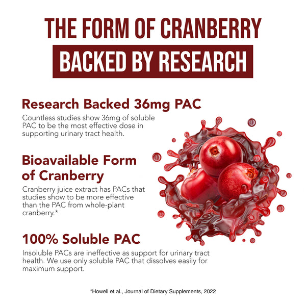 Infographic explaining research backed cranberry extract with 36 mg PAC and 100 percent soluble PAC used in CranEaze for urinary tract health support