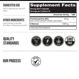 Supplement facts for Triquetra CranEaze cranberry extract supplement showing 36 mg PAC and 1000 mg D-mannose for urinary tract health support