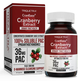 Triquetra CranEaze cranberry extract supplement bottle and box with 36 mg PAC and D-mannose for urinary tract health support