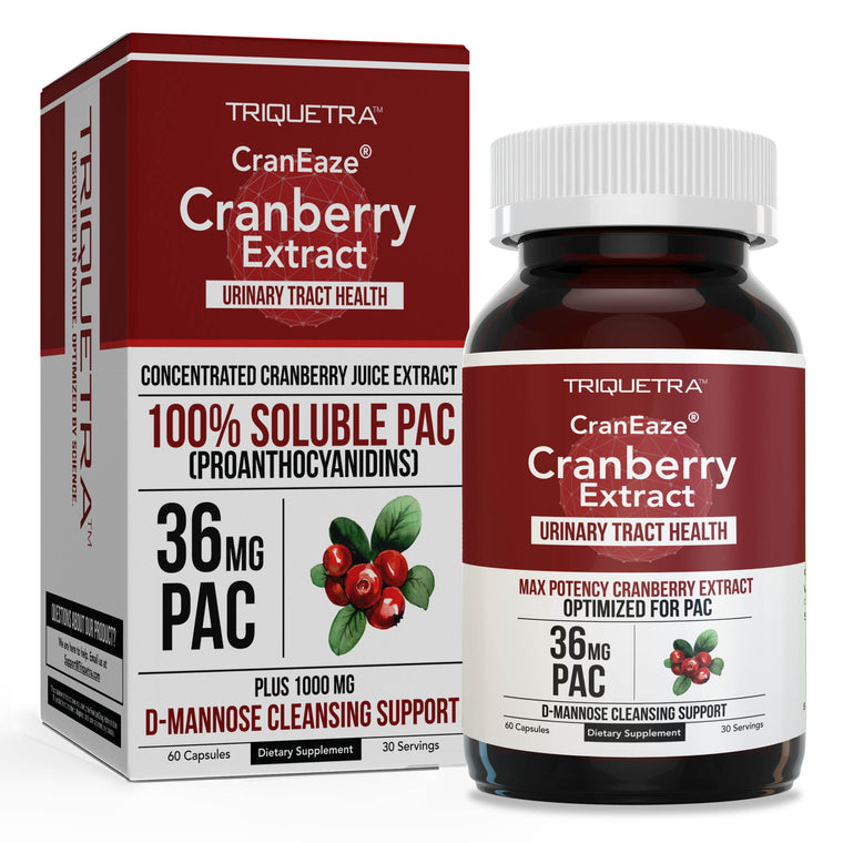 Triquetra CranEaze cranberry extract supplement bottle and box with 36 mg PAC and D-mannose for urinary tract health support