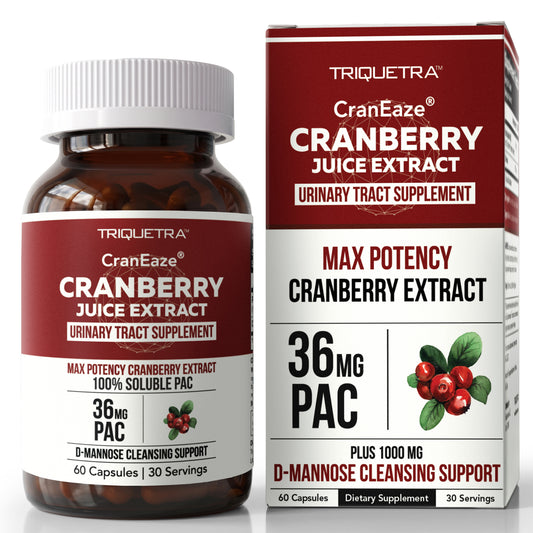 Triquetra CranEaze cranberry extract supplement bottle and box with 36 mg PAC and D-mannose for urinary tract health support
