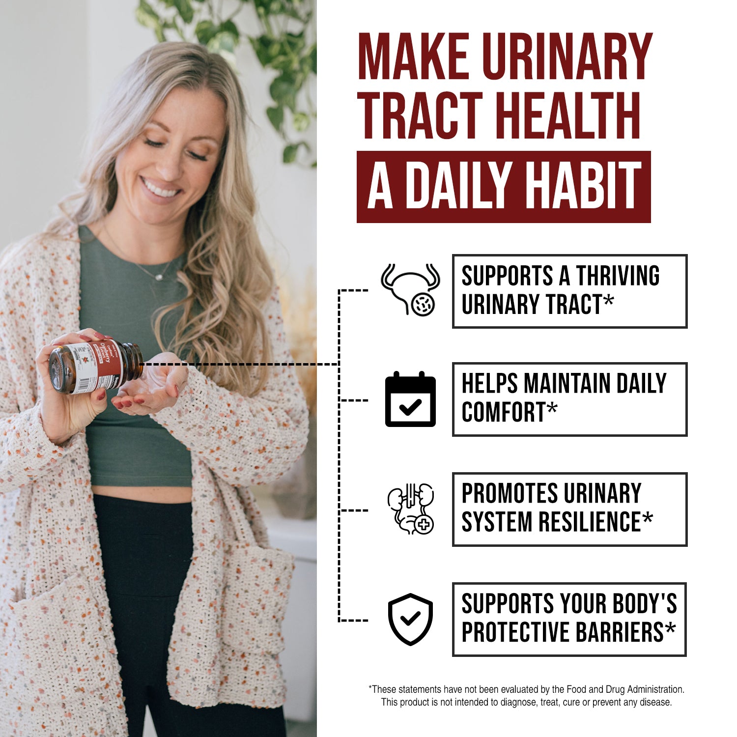 Woman taking Triquetra CranEaze cranberry extract capsules for daily urinary tract health support