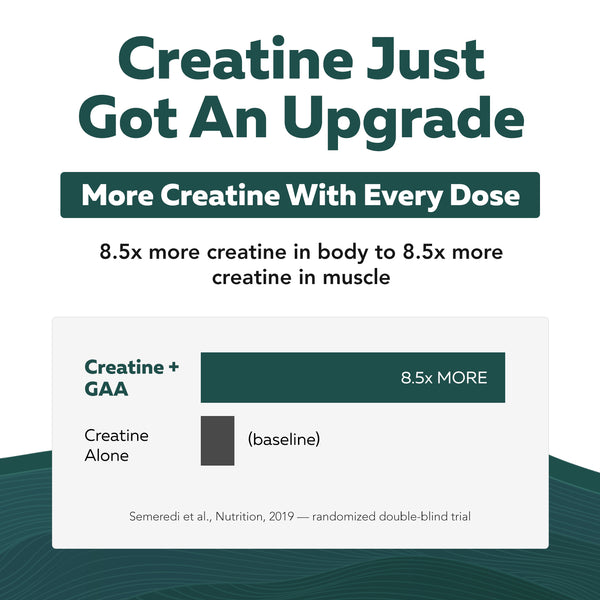 Chart showing creatine plus GAA produced 8.5 times more muscle creatine than creatine alone in a published study