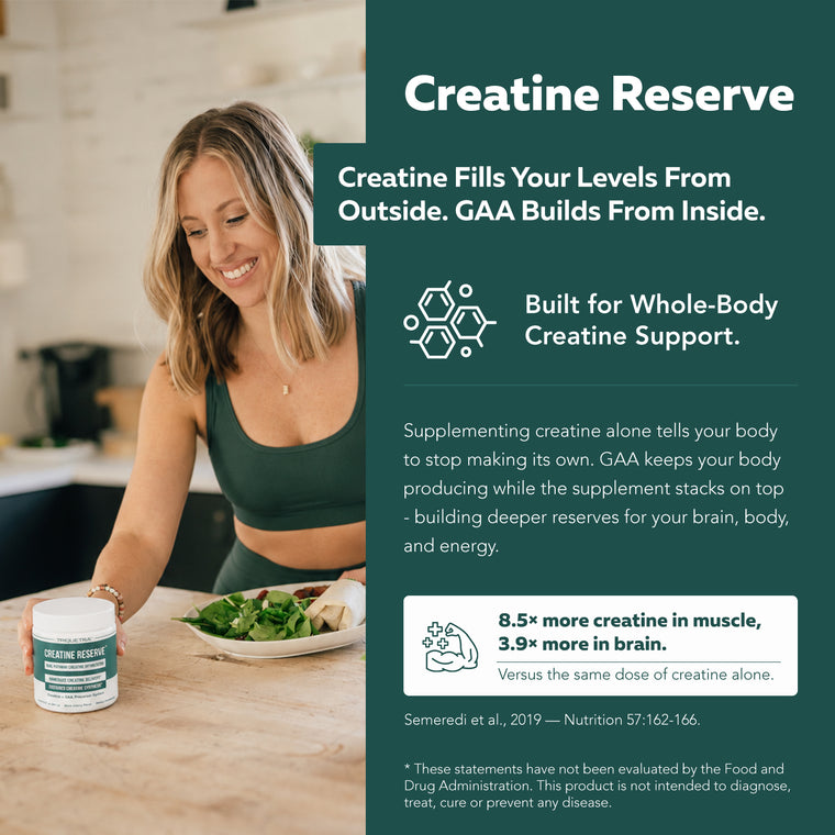 Woman holding Creatine Reserve; dual-pathway system where creatine fills from outside, GAA drives synthesis from inside