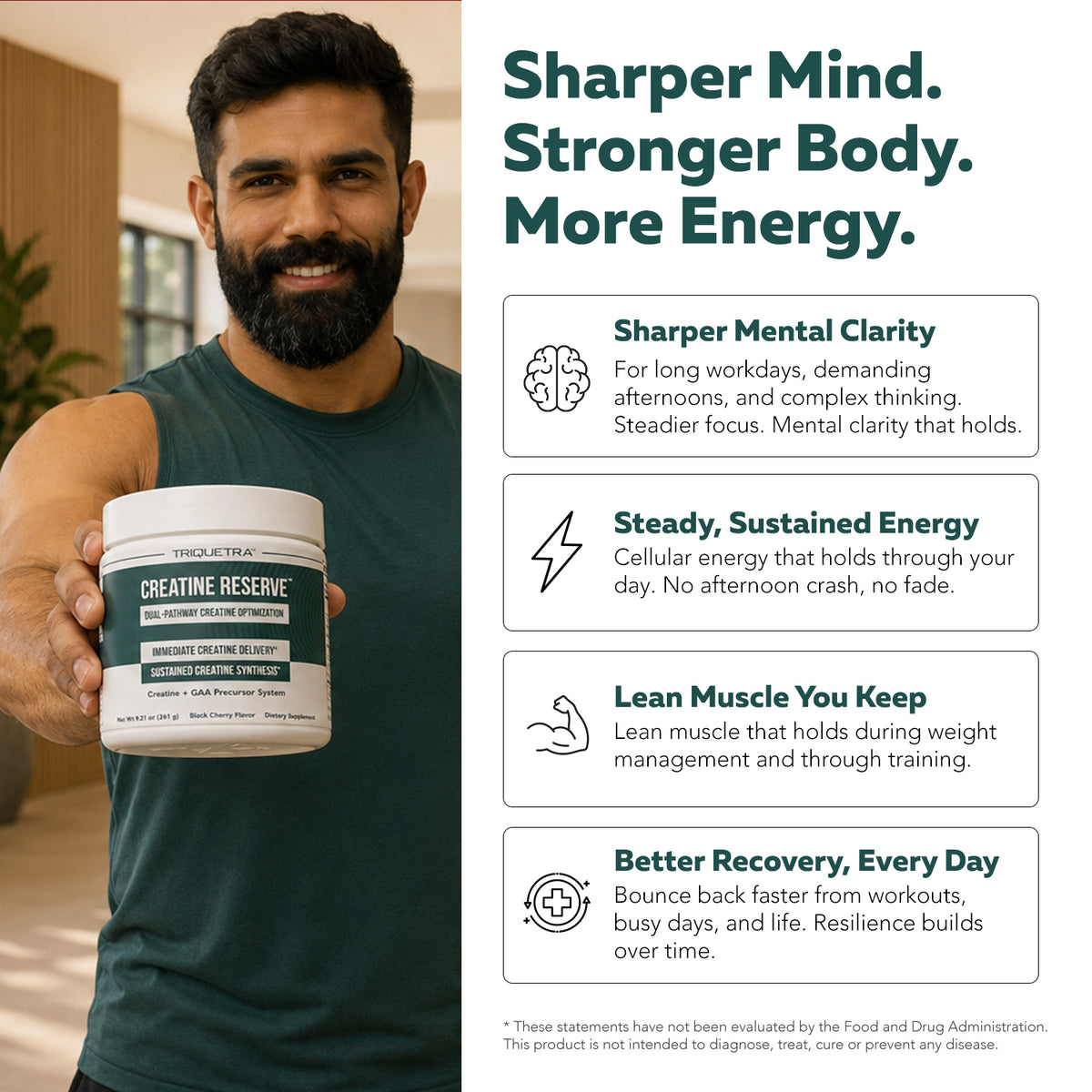 Man holding a Creatine Reserve tub beside a list of benefits including mental clarity, sustained energy, and recovery