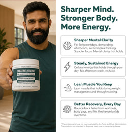 Man holding a Creatine Reserve tub beside a list of benefits including mental clarity, sustained energy, and recovery