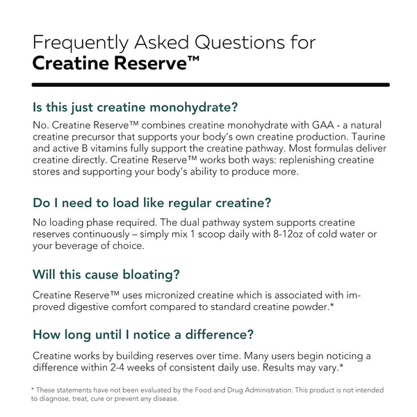 Creatine Reserve FAQ graphic answering common questions about loading phases, bloating, and the dual pathway formula