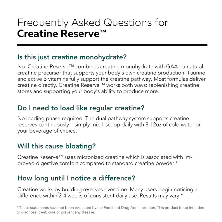 Creatine Reserve FAQ graphic answering common questions about loading phases, bloating, and the dual pathway formula