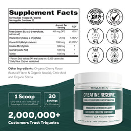 Creatine Reserve supplement facts: 5000mg creatine monohydrate, 1000mg GAA, 1500mg taurine per scoop