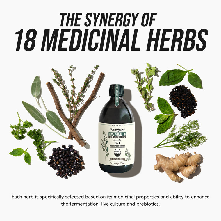 Triquetra Flora Biome liquid probiotic with 18 medicinal herbs providing fermented prebiotics and microbiome support