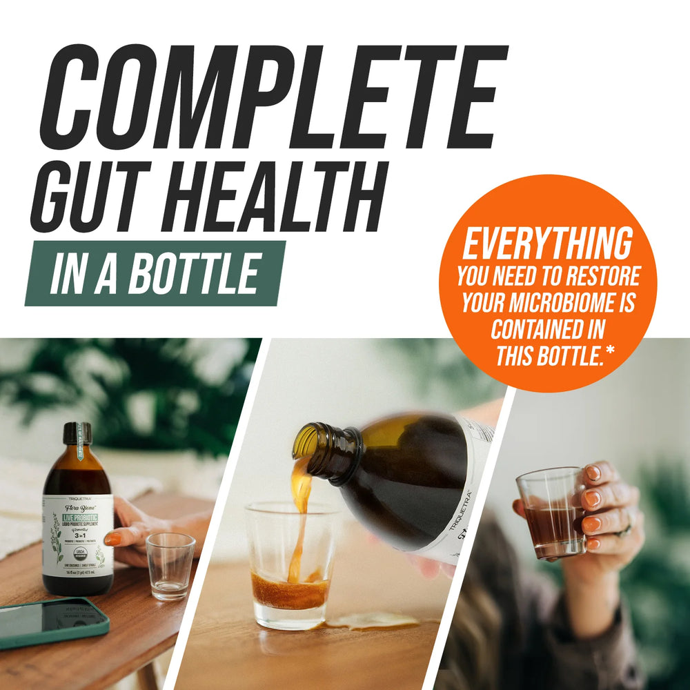 Flora Biome liquid probiotic being poured into a glass