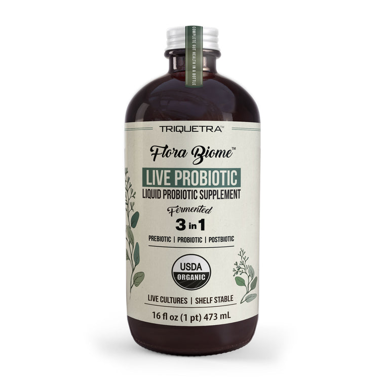 Triquetra Flora Biome live liquid probiotic supplement bottle with prebiotics probiotics and postbiotics for gut microbiome health