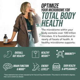 Woman drinking Triquetra Flora Biome liquid probiotic for microbiome balance and total body health