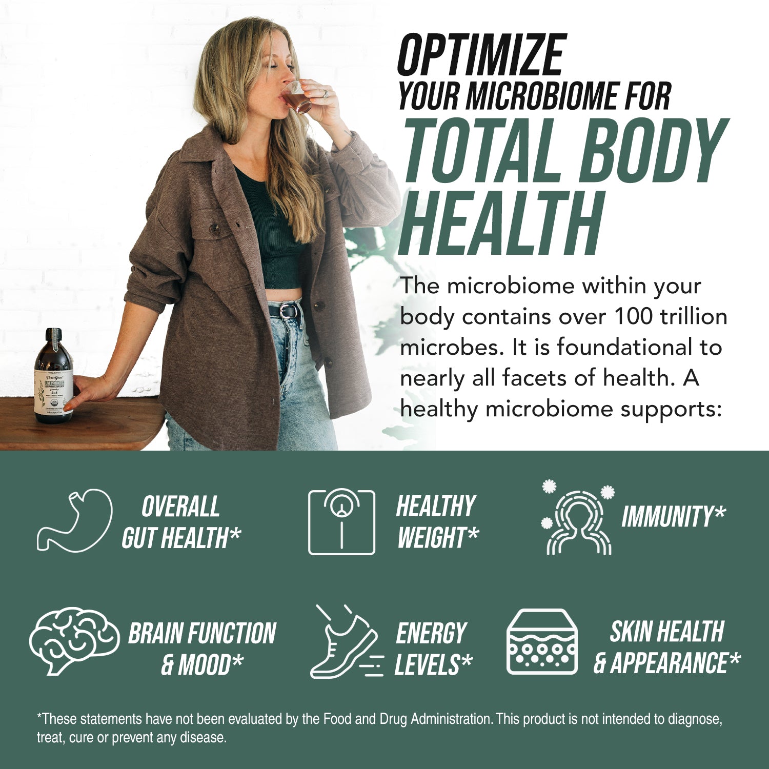 Woman drinking Triquetra Flora Biome liquid probiotic for microbiome balance and total body health